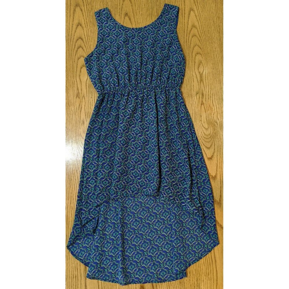 Angie Patterned High-Low Dress Blue Green Elastic Waist Women's Size Small